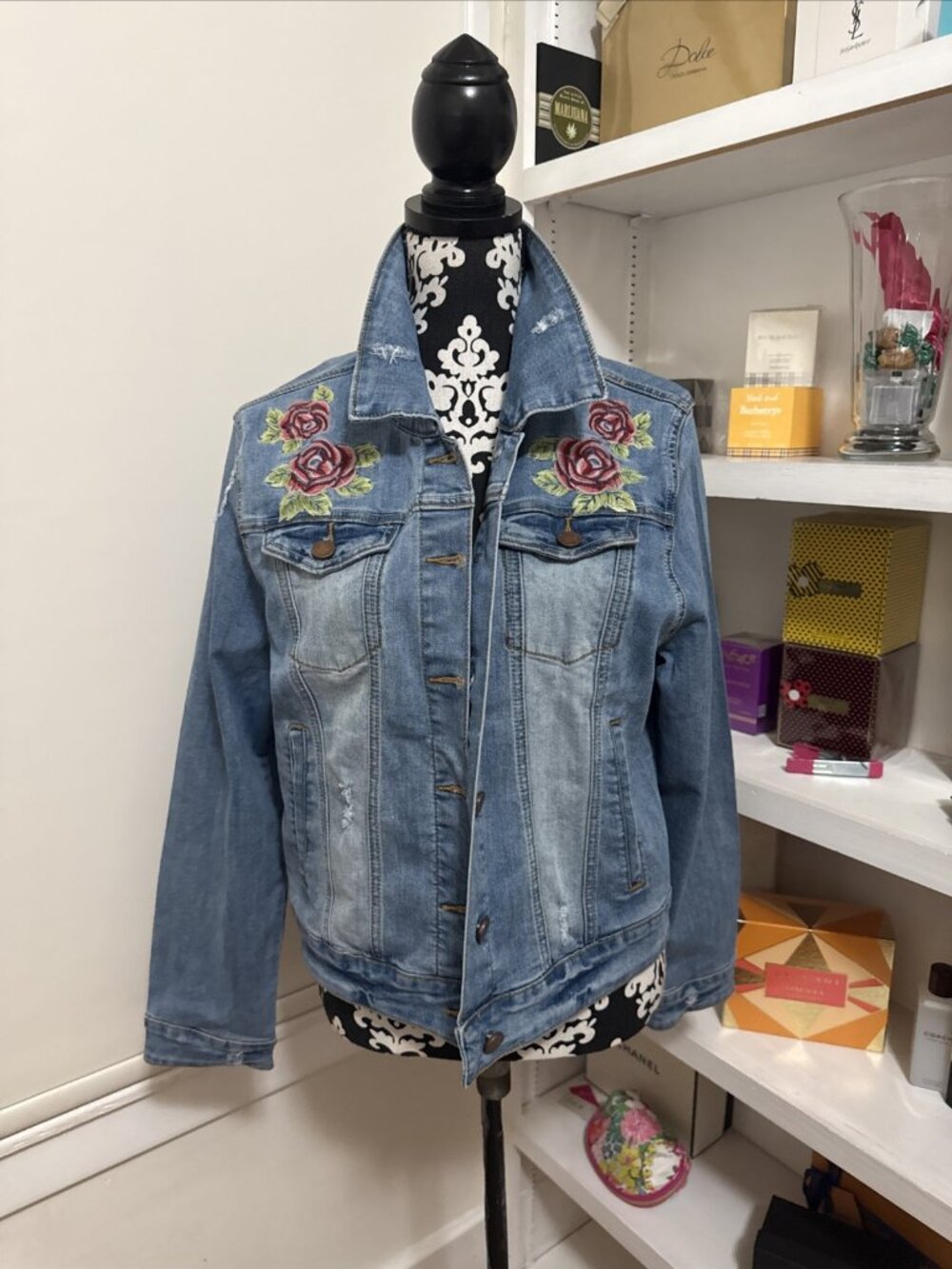 Odyn Rose Embroidered Blue Denim Distressed Jacket Boho Hippie XL Runs Small